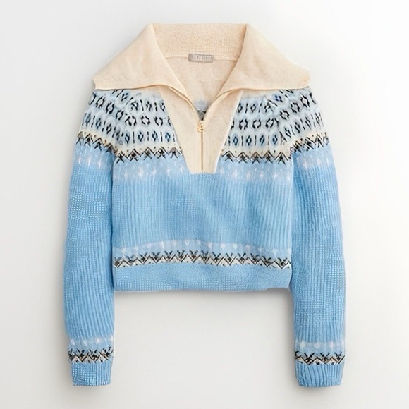 J. CREW Fair Isle Half Zip Alpaca Wool Blend Sweater Brushed Yarn Blue Large NEW - Picture 1 of 10